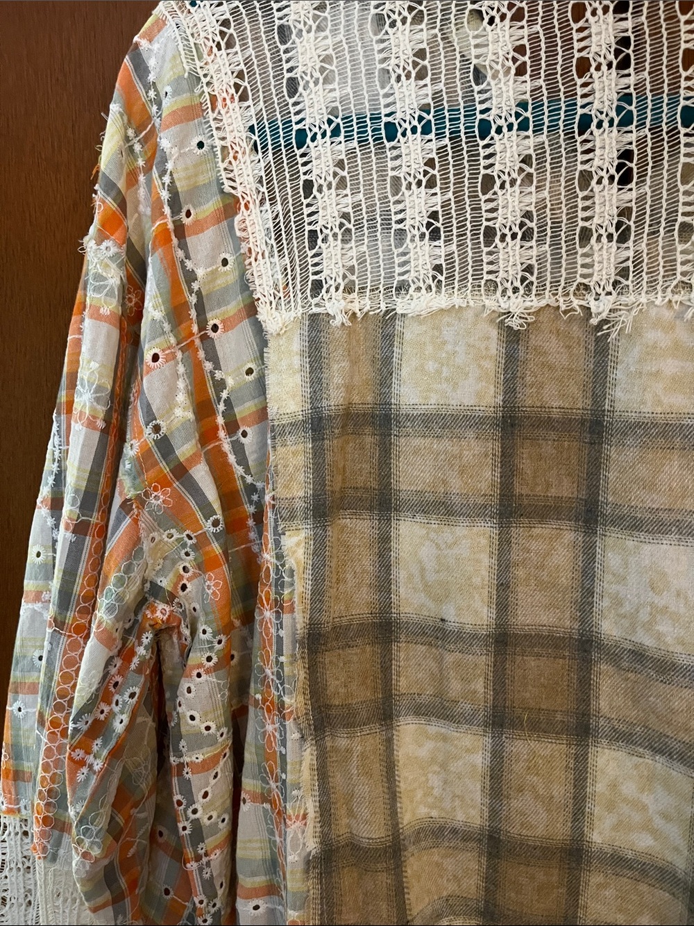POL Plaid & Lace Patchwork Button-Up Shirt - Beige-Orange-Cream w/Open Lace - Picture 13 of 14